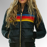 Women's Hooded Quilted Puffer Jacket with Stylish Stripe Bands - Warm & Trendy Outerwear