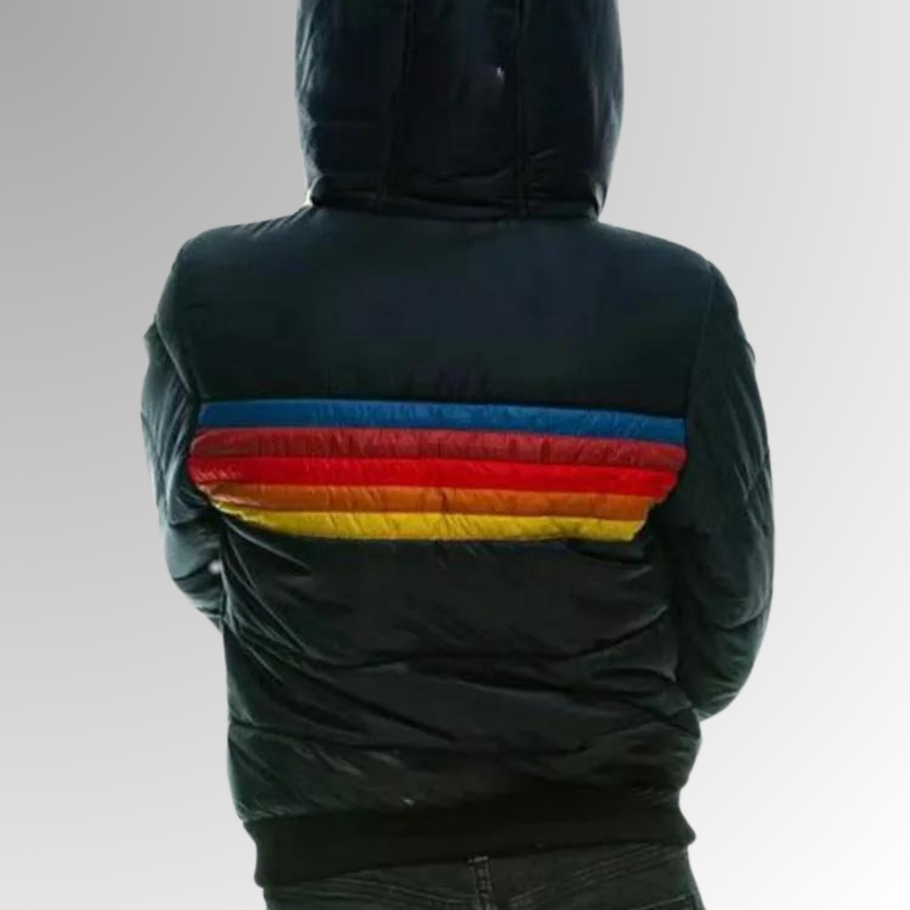 Women's Hooded Quilted Puffer Jacket with Stylish Stripe Bands - Warm & Trendy Outerwear