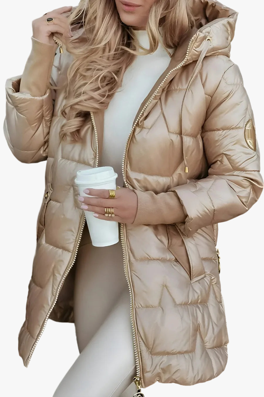 Optimized Product Title: **Women's Quilted Hooded Puffer Jacket with Side Zips - Stylish & Warm Winter Outerwear**