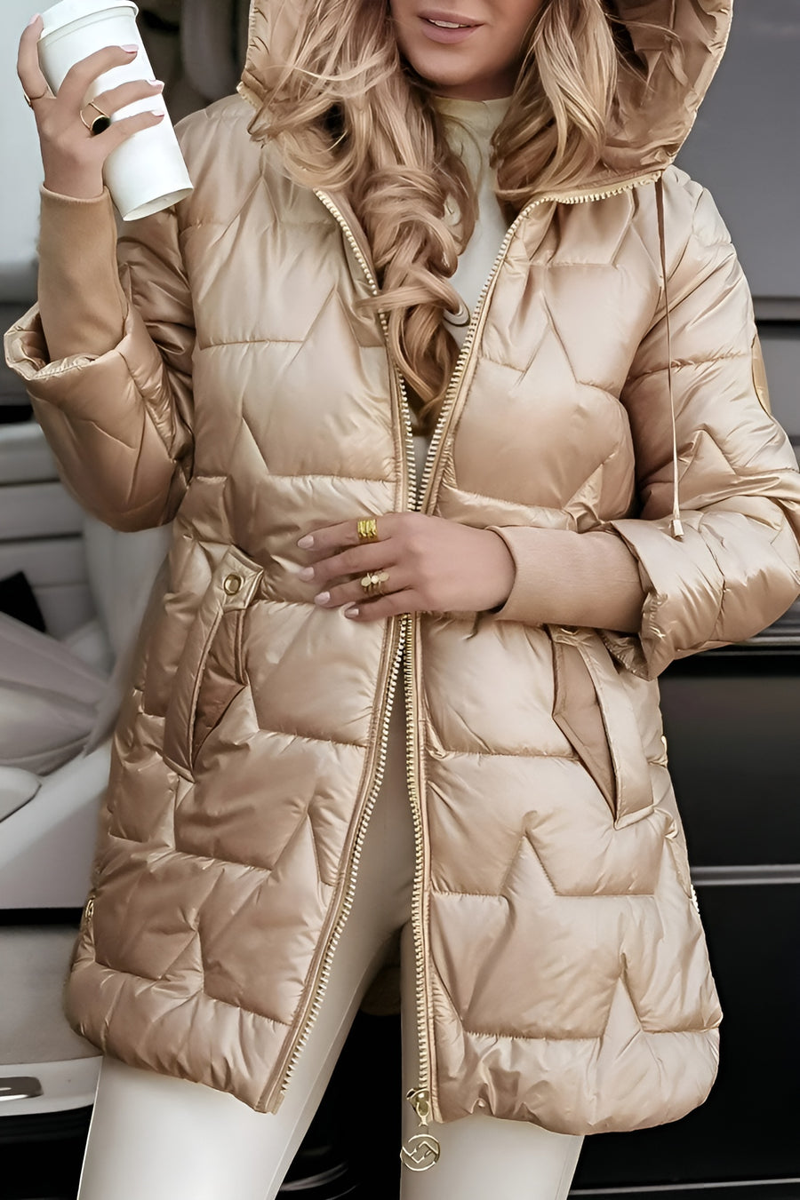 Optimized Product Title: **Women's Quilted Hooded Puffer Jacket with Side Zips - Stylish & Warm Winter Outerwear**