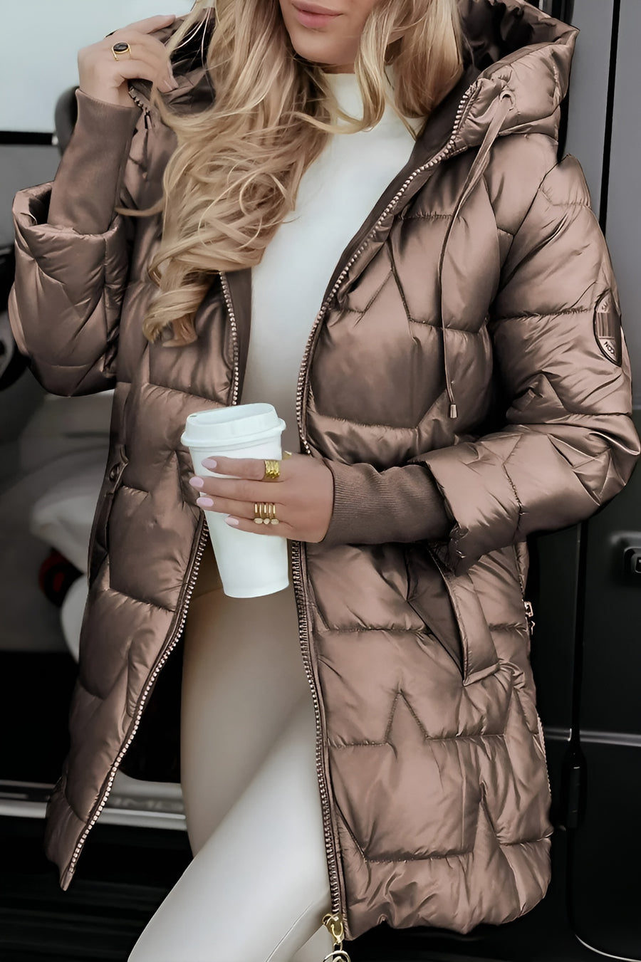 Optimized Product Title: **Women's Quilted Hooded Puffer Jacket with Side Zips - Stylish & Warm Winter Outerwear**
