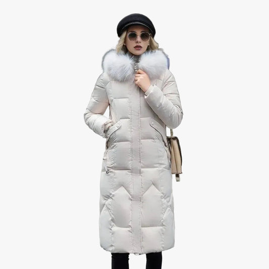 Women's Quilted Long Coat with Faux-Fur Hood