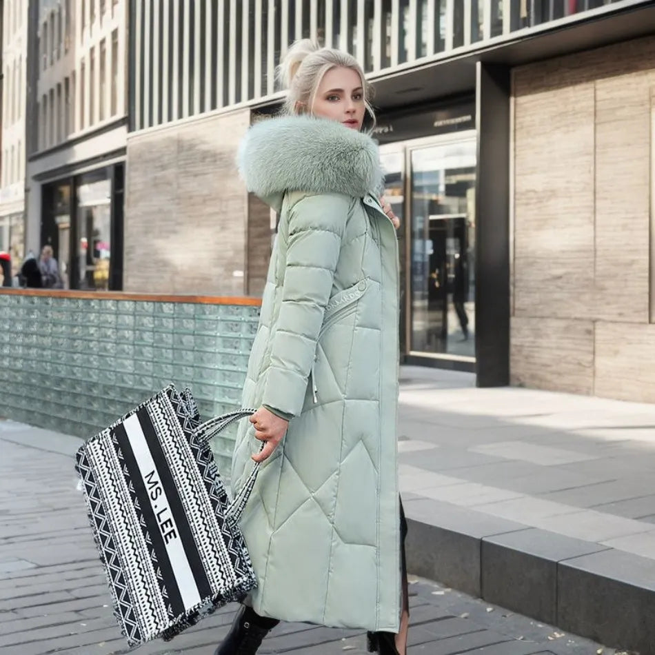 Women's Quilted Long Coat with Faux-Fur Hood | Stylish Synthetic Outerwear with Zip Pockets