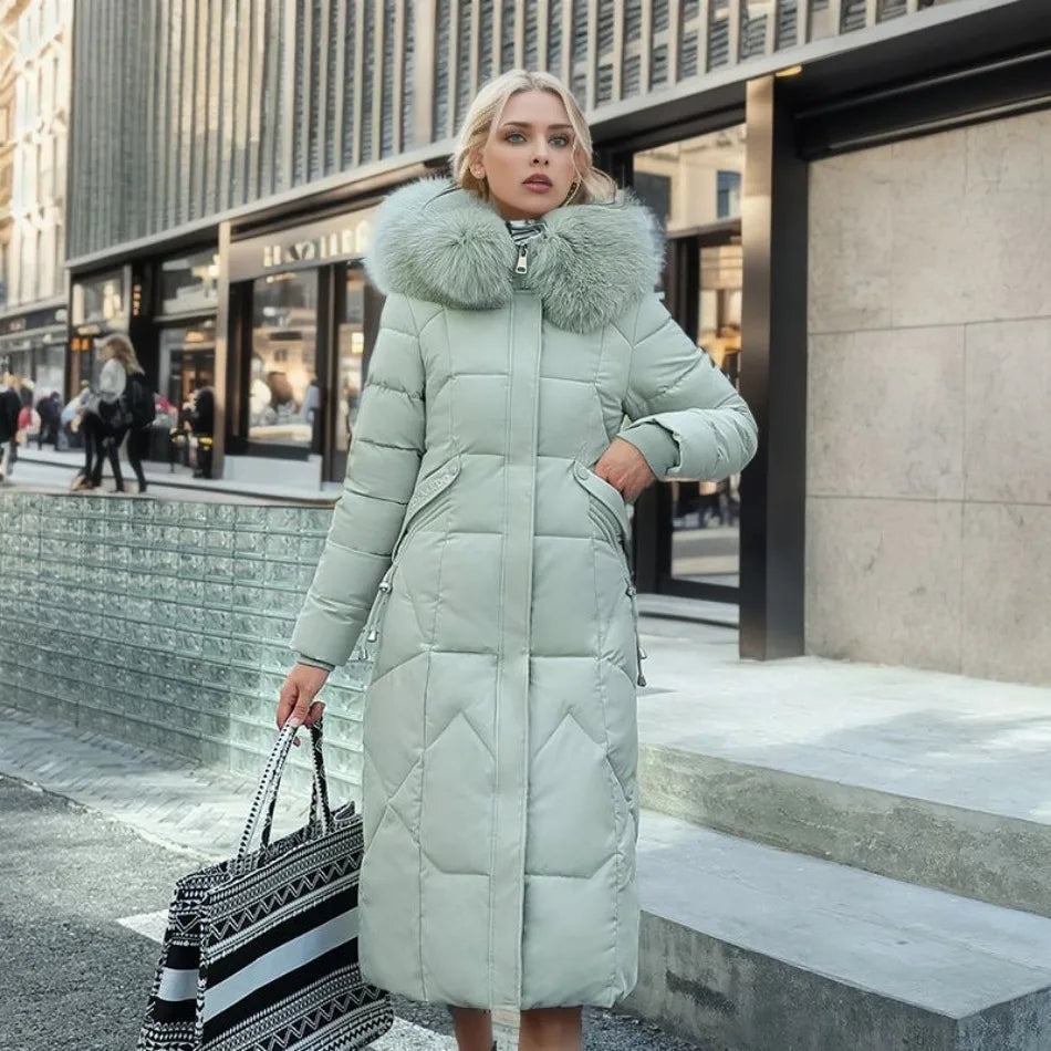 Women's Quilted Long Coat with Faux-Fur Hood | Stylish Synthetic Outerwear with Zip Pockets