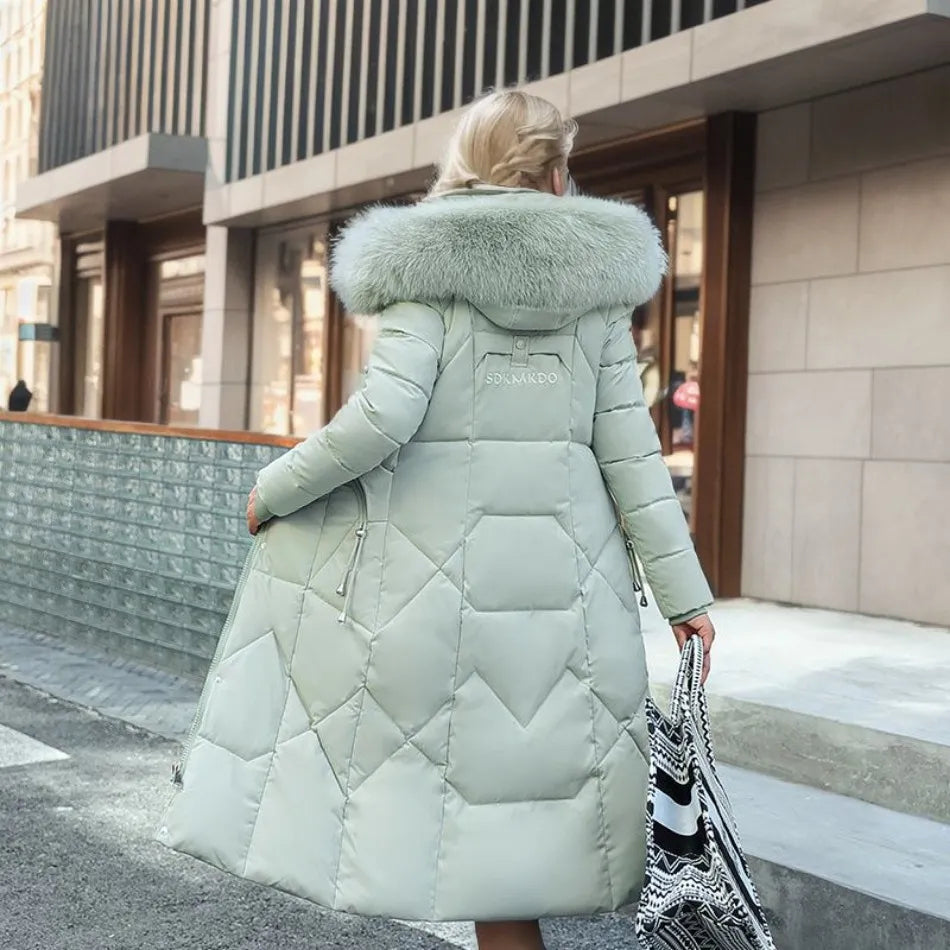 Women's Quilted Long Coat with Faux-Fur Hood | Stylish Synthetic Outerwear with Zip Pockets