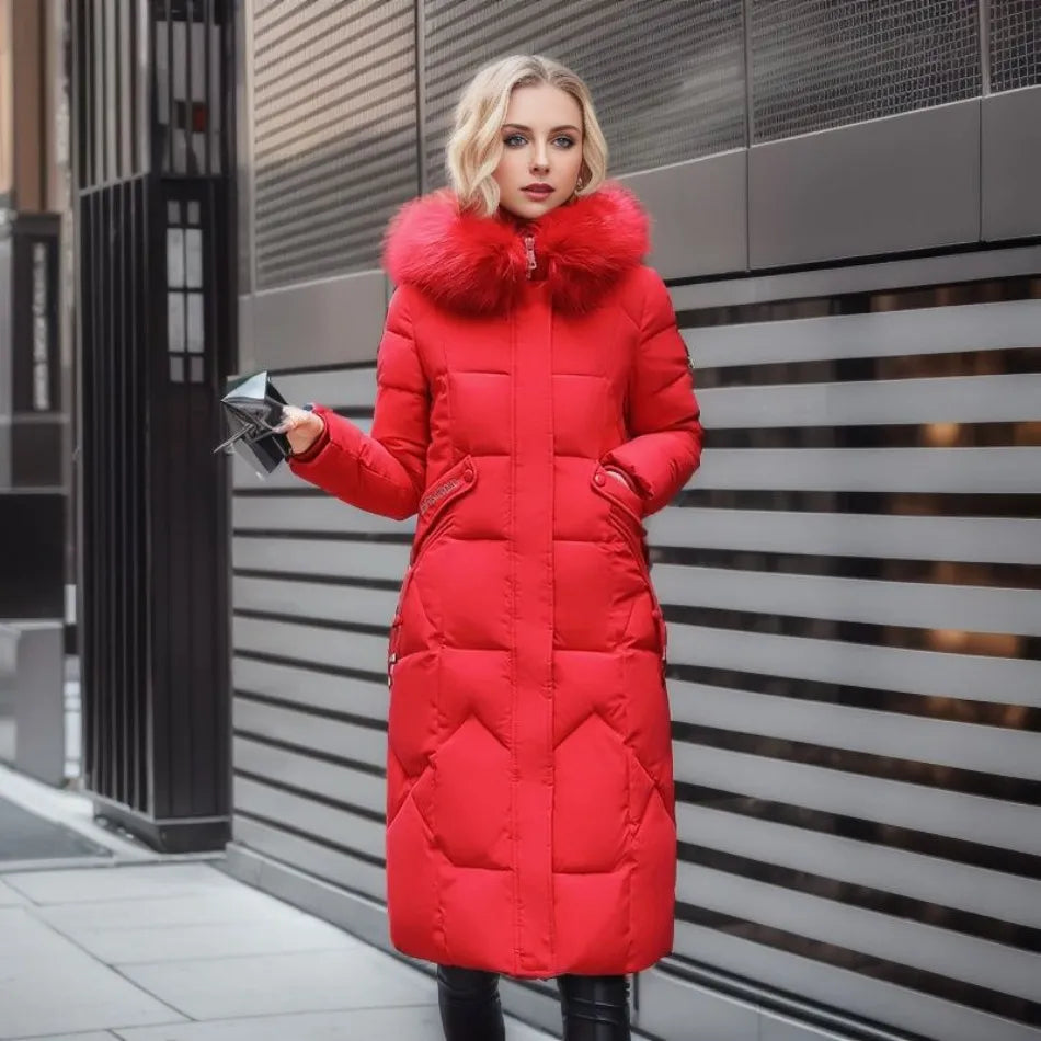 Women's Quilted Long Coat with Faux-Fur Hood | Stylish Synthetic Outerwear with Zip Pockets