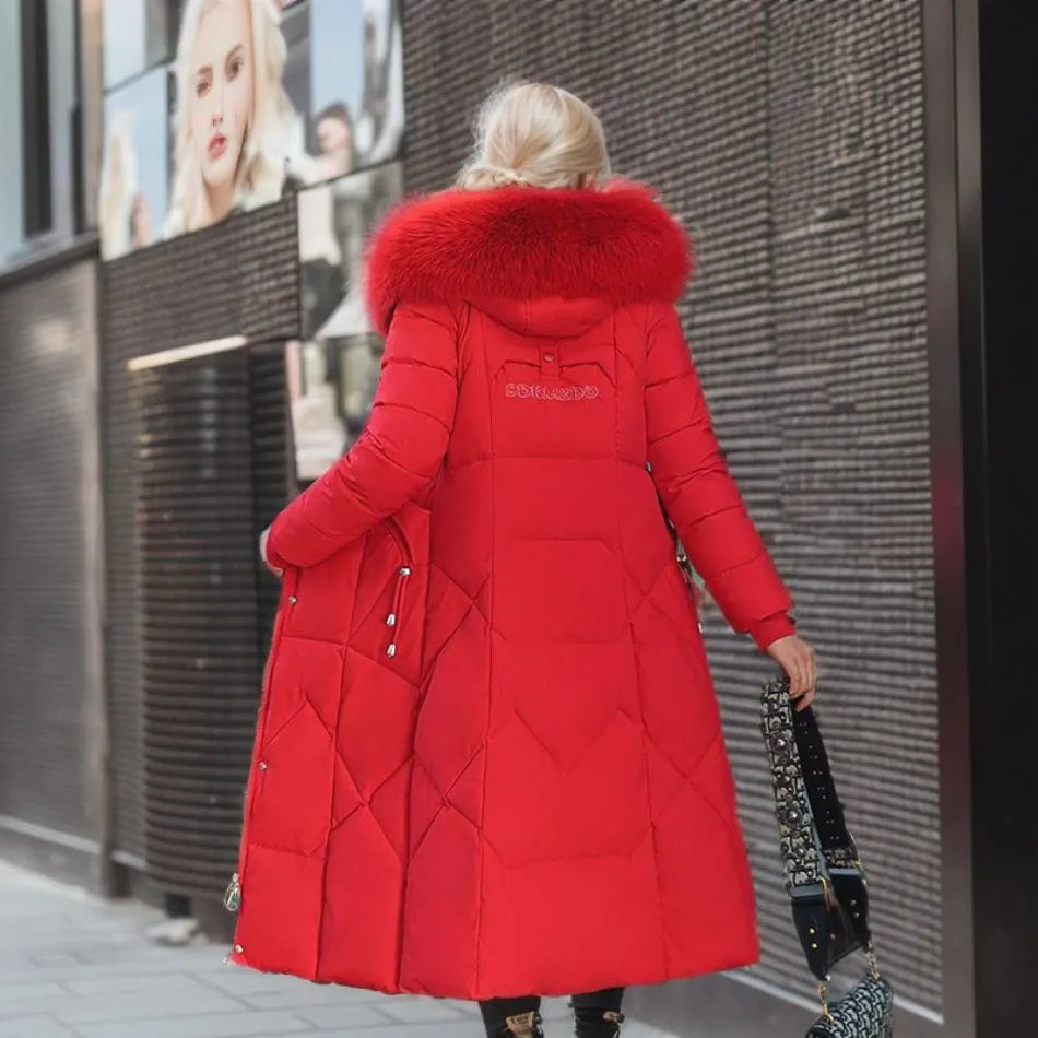Women's Quilted Long Coat with Faux-Fur Hood | Stylish Synthetic Outerwear with Zip Pockets
