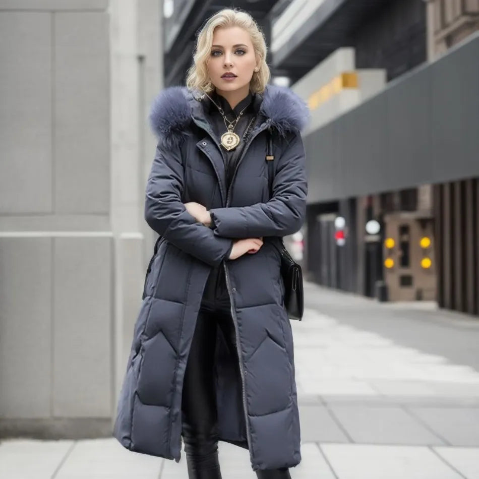 Women's Quilted Long Coat with Faux-Fur Hood | Stylish Synthetic Outerwear with Zip Pockets