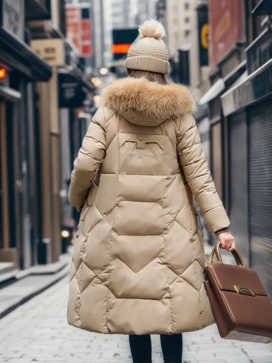 Women's Quilted Long Coat with Faux-Fur Hood | Stylish Synthetic Outerwear with Zip Pockets