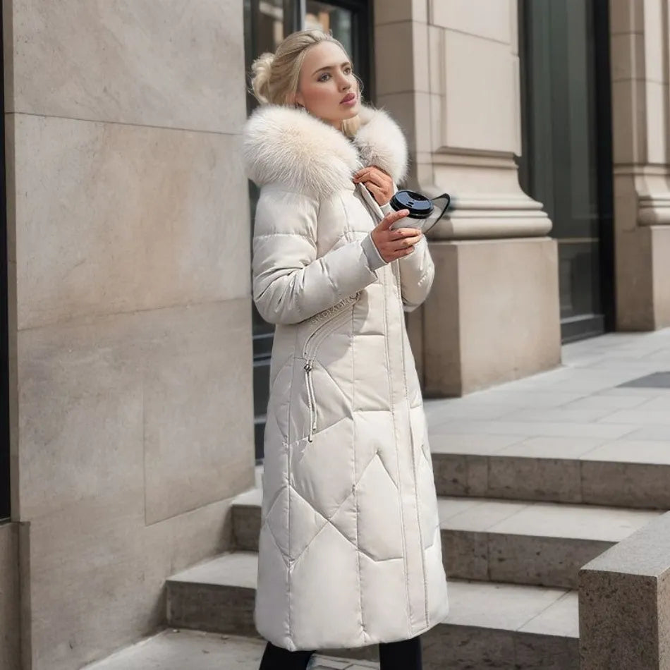 Women's Quilted Long Coat with Faux-Fur Hood | Stylish Synthetic Outerwear with Zip Pockets