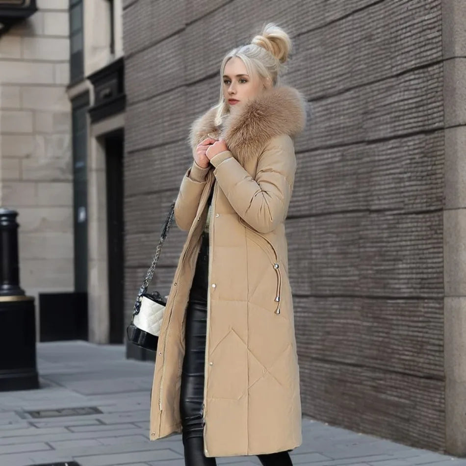 Women's Quilted Long Coat with Faux-Fur Hood | Stylish Synthetic Outerwear with Zip Pockets