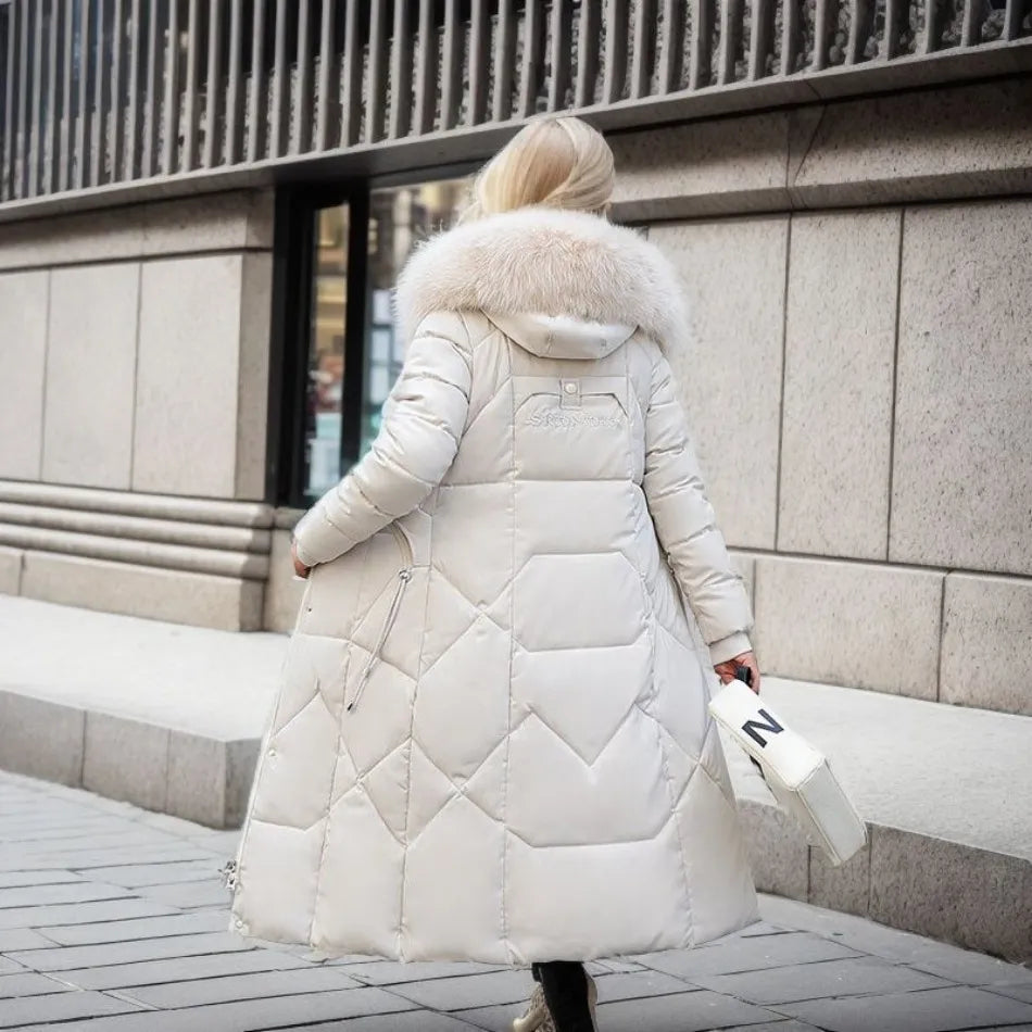 Women's Quilted Long Coat with Faux-Fur Hood | Stylish Synthetic Outerwear with Zip Pockets