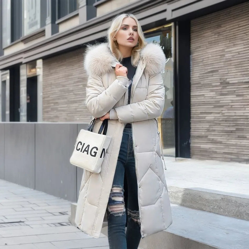Women's Quilted Long Coat with Faux-Fur Hood | Stylish Synthetic Outerwear with Zip Pockets