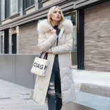 Women's Quilted Long Coat with Faux-Fur Hood | Stylish Synthetic Outerwear with Zip Pockets