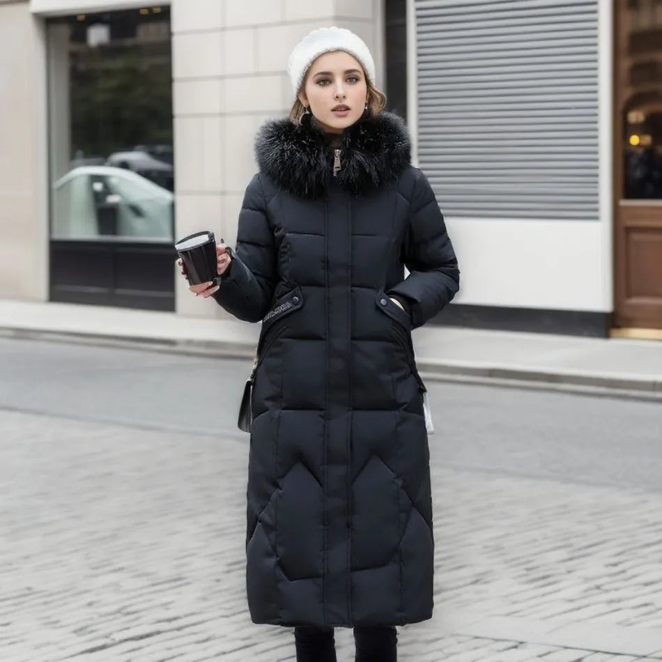 Women's Quilted Long Coat with Faux-Fur Hood | Stylish Synthetic Outerwear with Zip Pockets