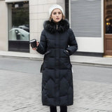 Women's Quilted Long Coat with Faux-Fur Hood | Stylish Synthetic Outerwear with Zip Pockets