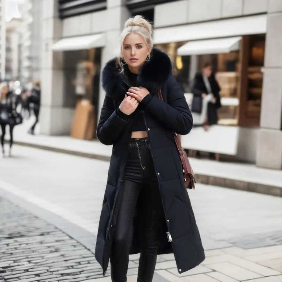 Women's Quilted Long Coat with Faux-Fur Hood | Stylish Synthetic Outerwear with Zip Pockets