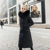 Women's Quilted Long Coat with Faux-Fur Hood | Stylish Synthetic Outerwear with Zip Pockets