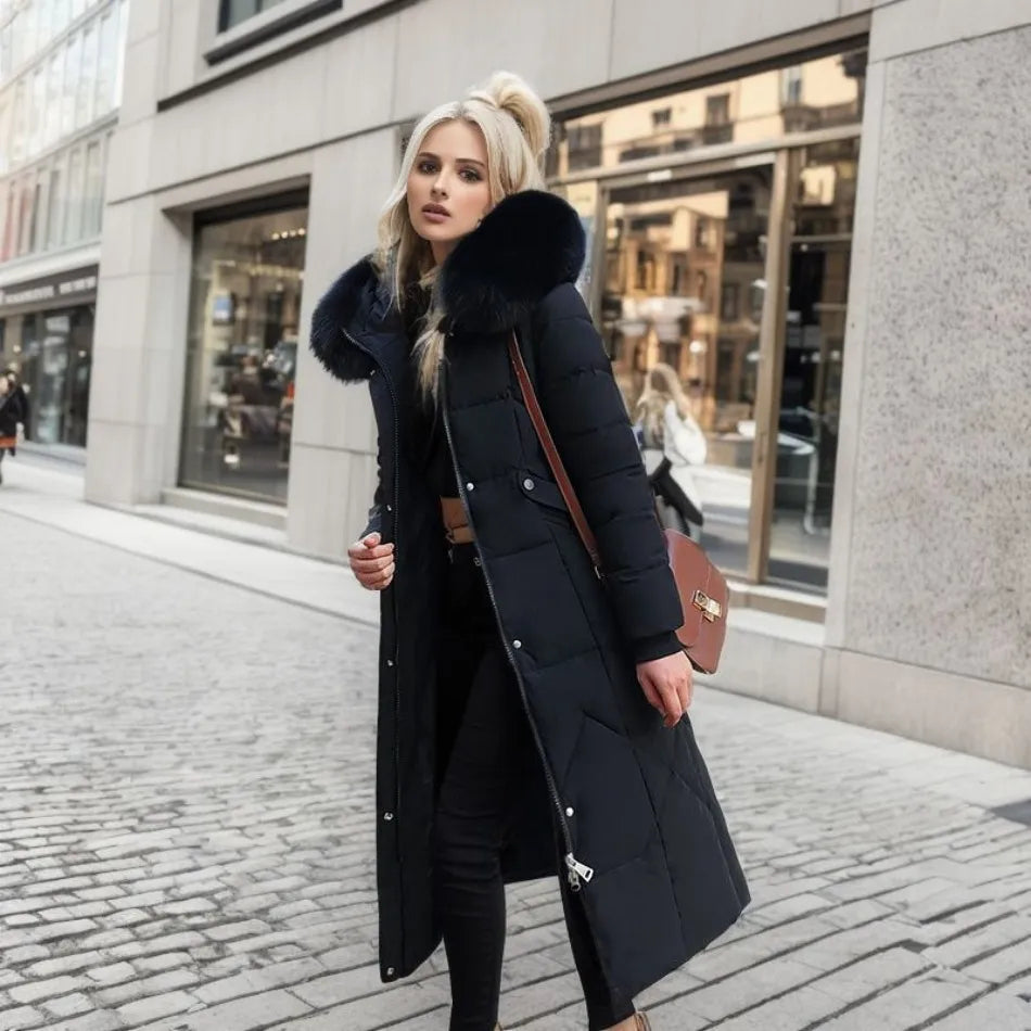 Women's Quilted Long Coat with Faux-Fur Hood | Stylish Synthetic Outerwear with Zip Pockets