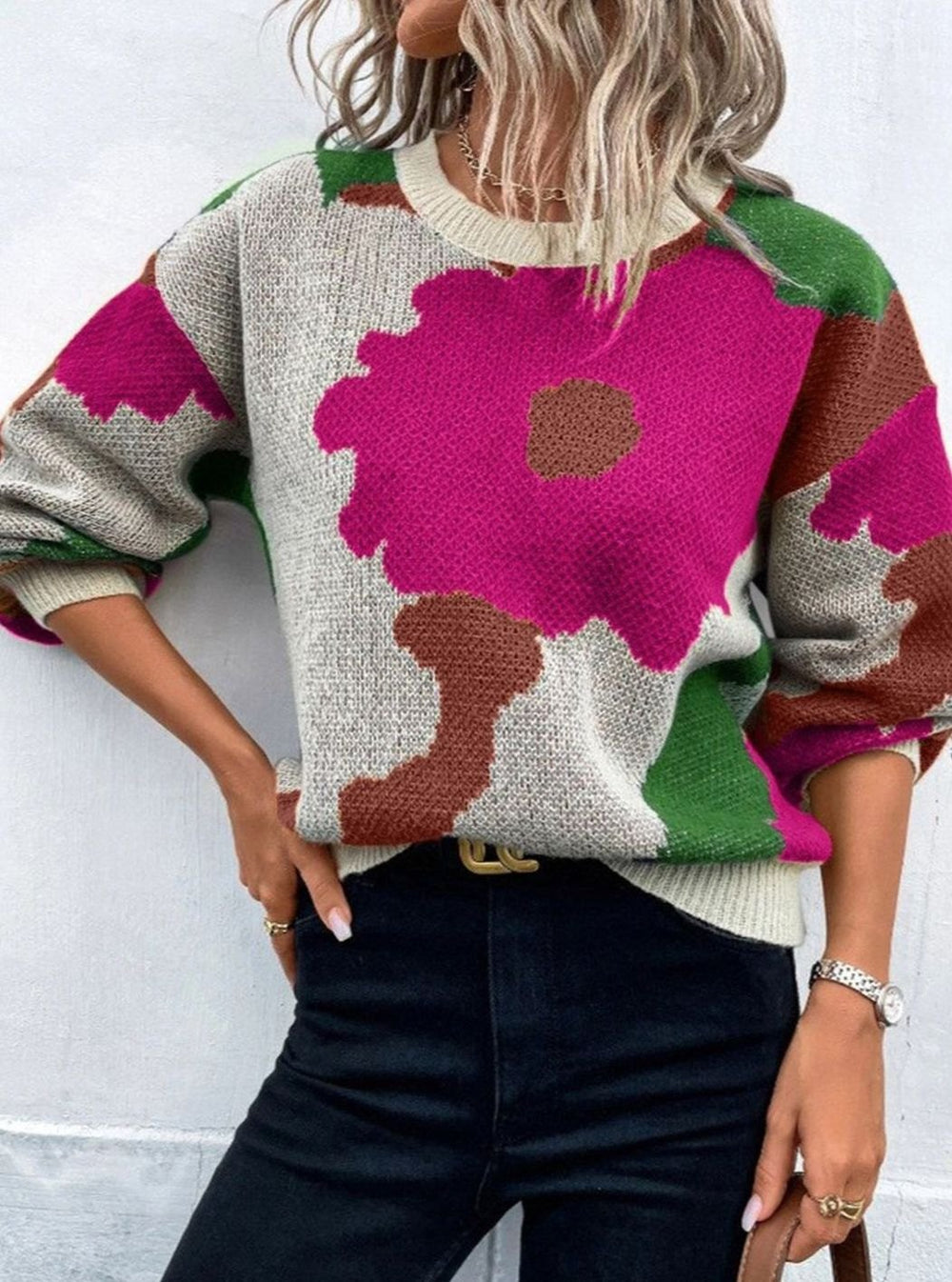 Camila | Women's Relaxed-Fit Floral Knit Pullover Sweater