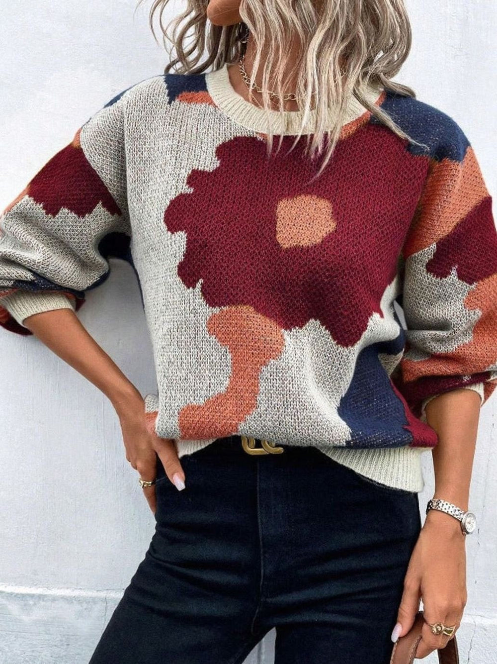 Camila | Women's Relaxed-Fit Floral Knit Pullover Sweater - 2
