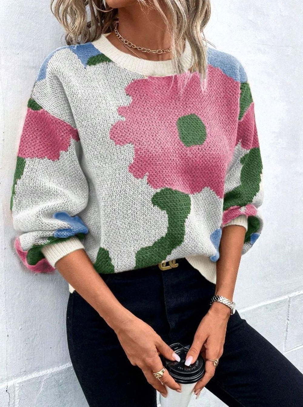 Camila | Women's Relaxed-Fit Floral Knit Pullover Sweater - 3