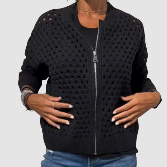 Women's Open-Knit Zip-Up Cardigan – Relaxed Fit