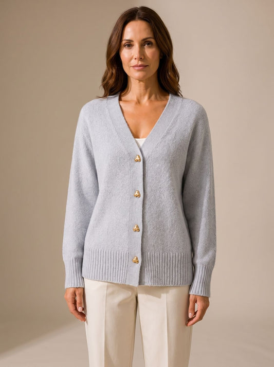 Sophia | Women's Relaxed-Fit V-Neck Gold Heart-Button Knitwear Cardigan