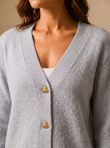 Sophia | Women's Relaxed-Fit V-Neck Gold Heart-Button Knitwear Cardigan