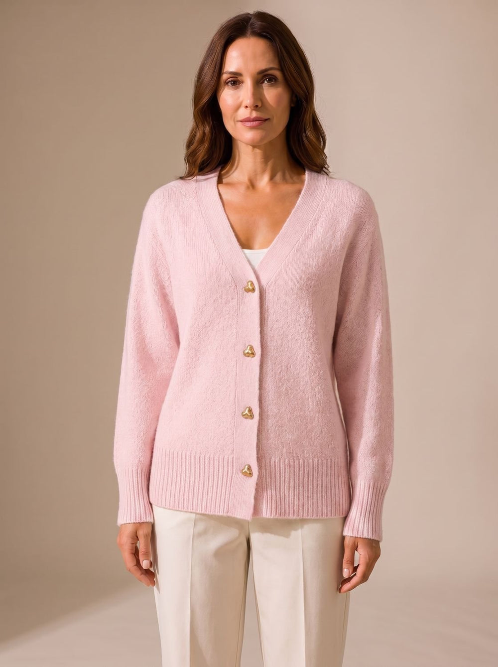 Sophia | Women's Relaxed-Fit V-Neck Gold Heart-Button Knitwear Cardigan
