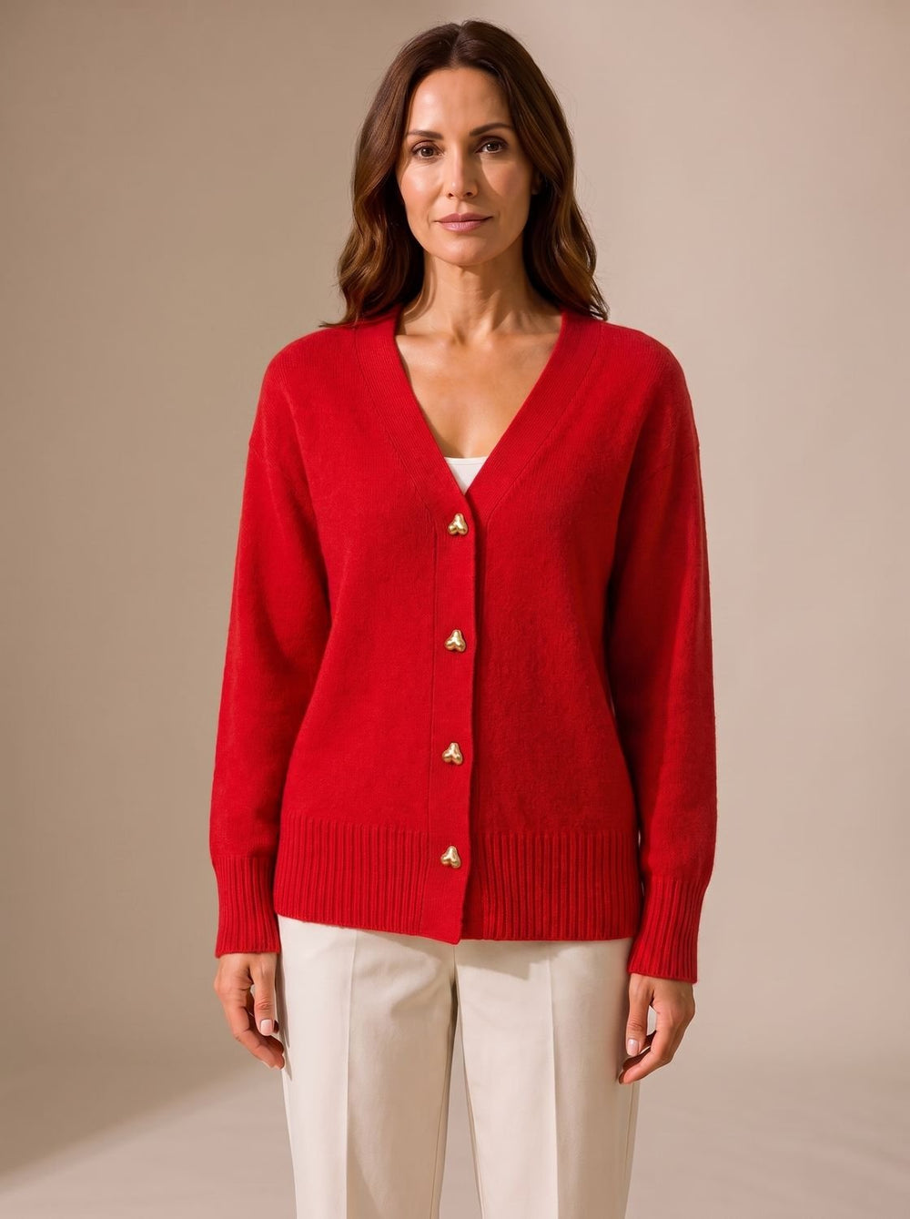 Sophia | Women's Relaxed-Fit V-Neck Gold Heart-Button Knitwear Cardigan