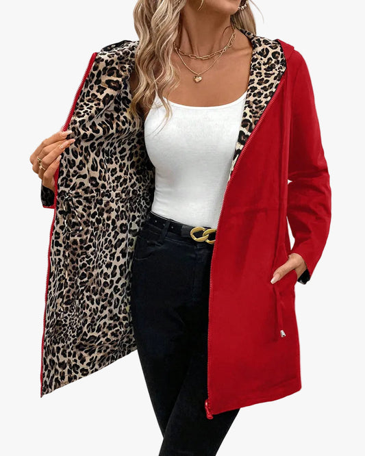 Women's Reversible Hooded Polyester Coat with Zipper Pockets - Stylish & Versatile Outerwear