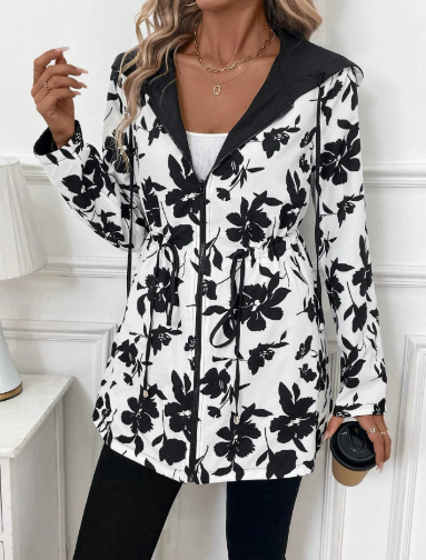 Women's Reversible Hooded Polyester Coat with Zipper Pockets - Stylish & Versatile Outerwear