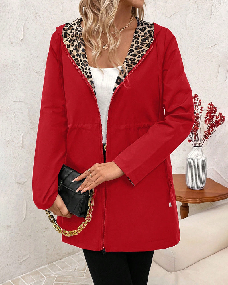 Women's Reversible Hooded Polyester Coat with Zipper Pockets - Stylish & Versatile Outerwear