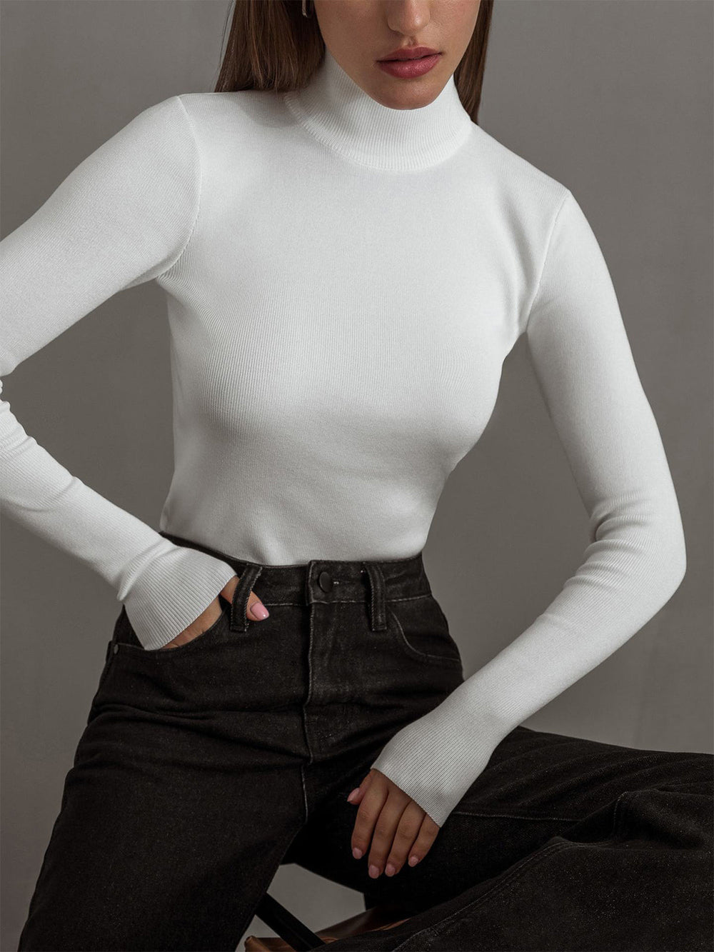 Women's Mock Neck Rib Knit Sweater - Long Sleeve Cozy Knit Top