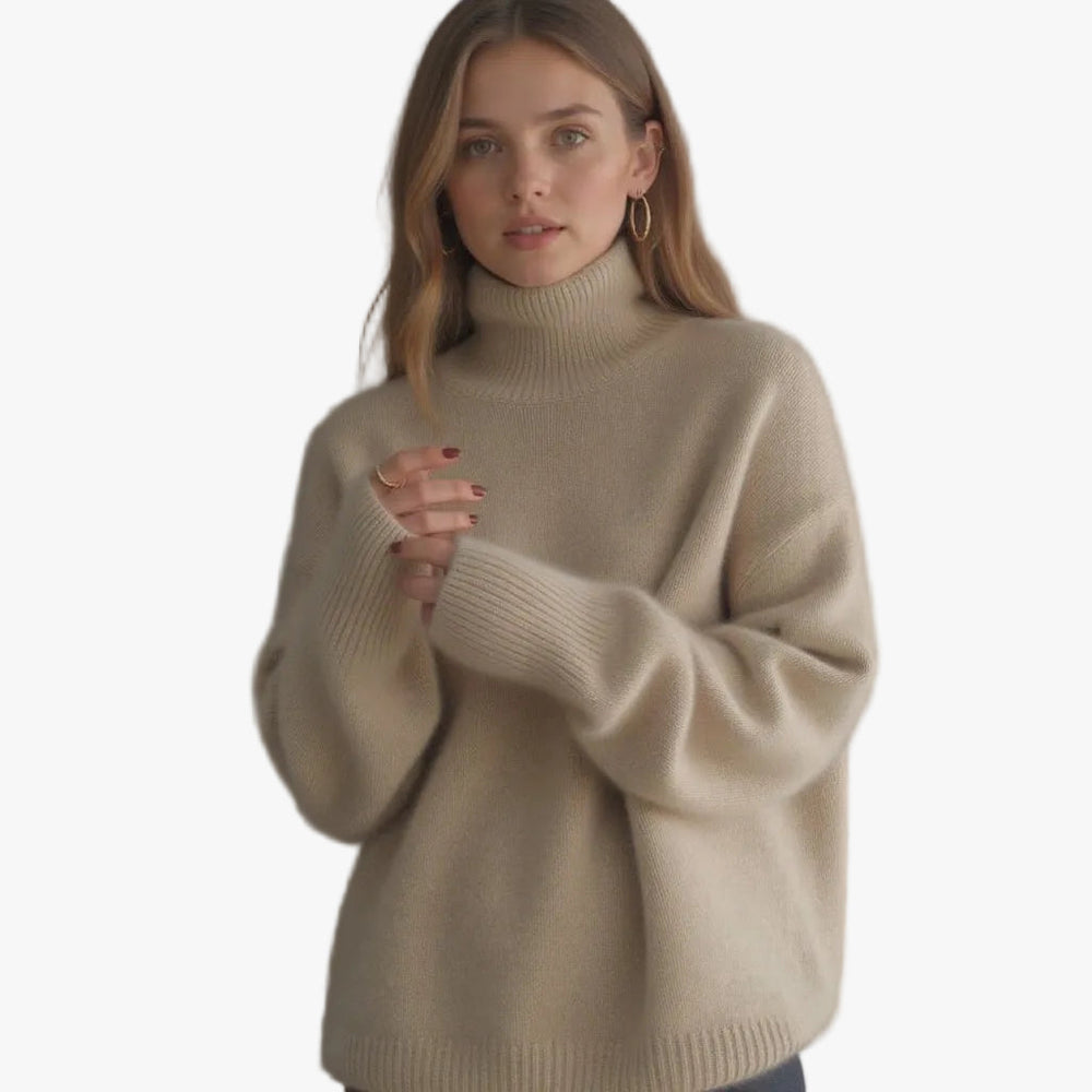 Women's Turtleneck Rib Knit Sweater with Drop Shoulders - Cozy & Stylish Knitwear