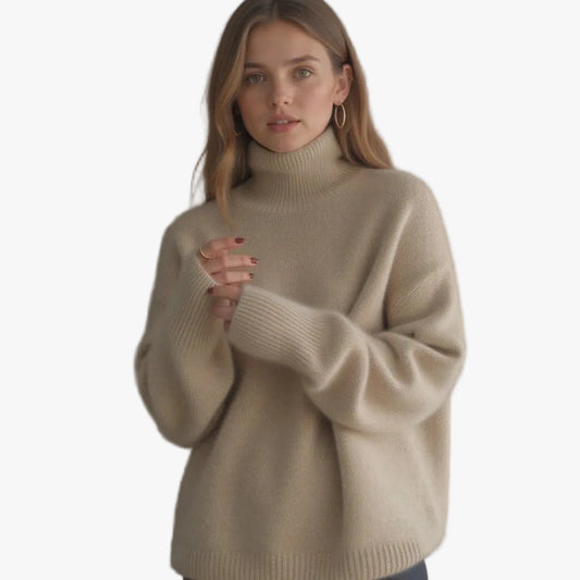 Women's Turtleneck Rib Knit Sweater with Drop Shoulders - Cozy & Stylish Knitwear