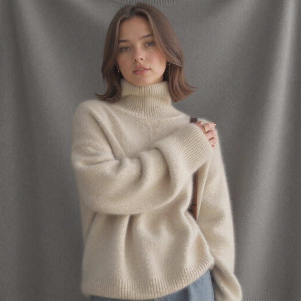 Women's Turtleneck Rib Knit Sweater with Drop Shoulders - Cozy & Stylish Knitwear