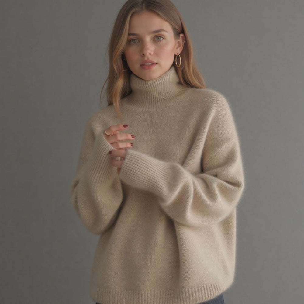 Women's Turtleneck Rib Knit Sweater with Drop Shoulders - Cozy & Stylish Knitwear