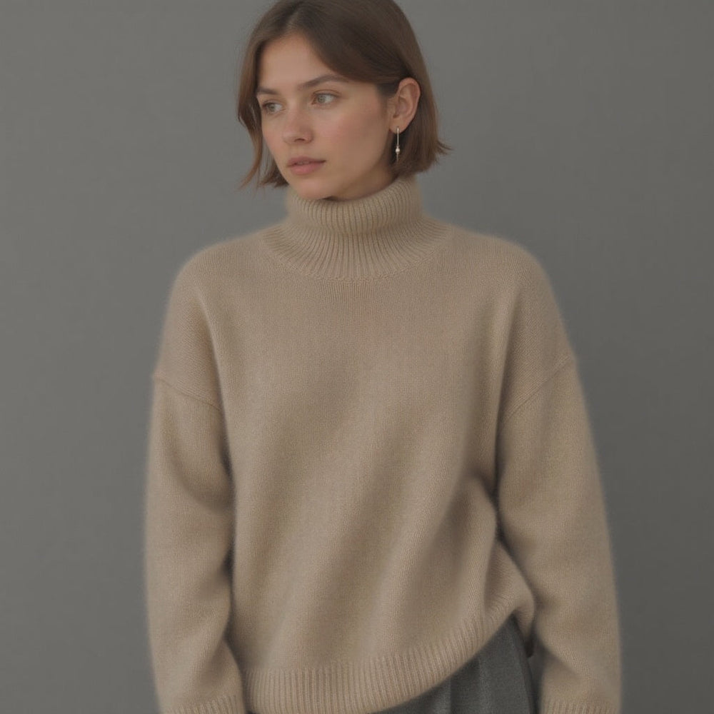Women's Turtleneck Rib Knit Sweater with Drop Shoulders - Cozy & Stylish Knitwear