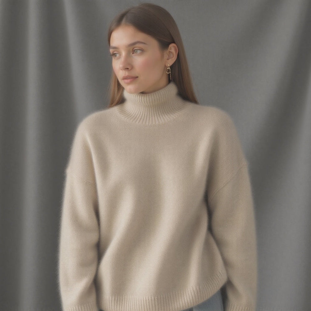 Women's Turtleneck Rib Knit Sweater with Drop Shoulders - Cozy & Stylish Knitwear