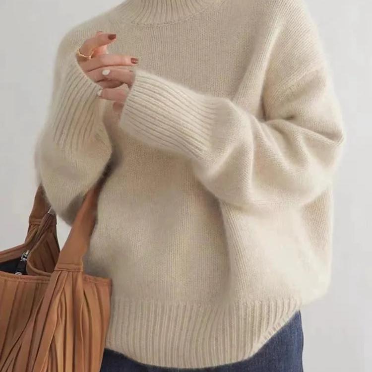 Women's Turtleneck Rib Knit Sweater with Drop Shoulders - Cozy & Stylish Knitwear