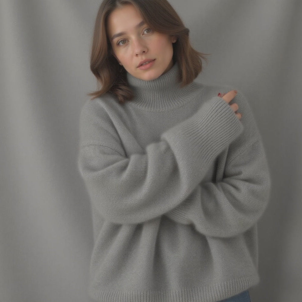 Women's Turtleneck Rib Knit Sweater with Drop Shoulders - Cozy & Stylish Knitwear