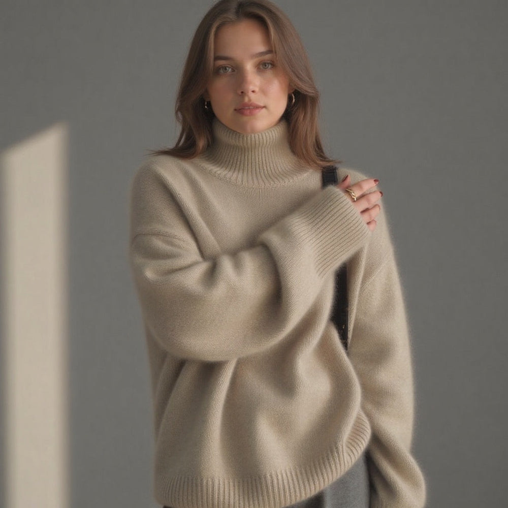 Women's Turtleneck Rib Knit Sweater with Drop Shoulders - Cozy & Stylish Knitwear
