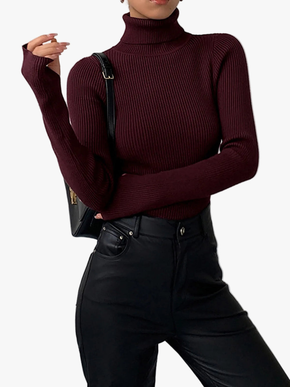 Women's Turtleneck Ribbed Knit Sweater with Thumbhole Cuffs - Cozy & Stylish Pullover
