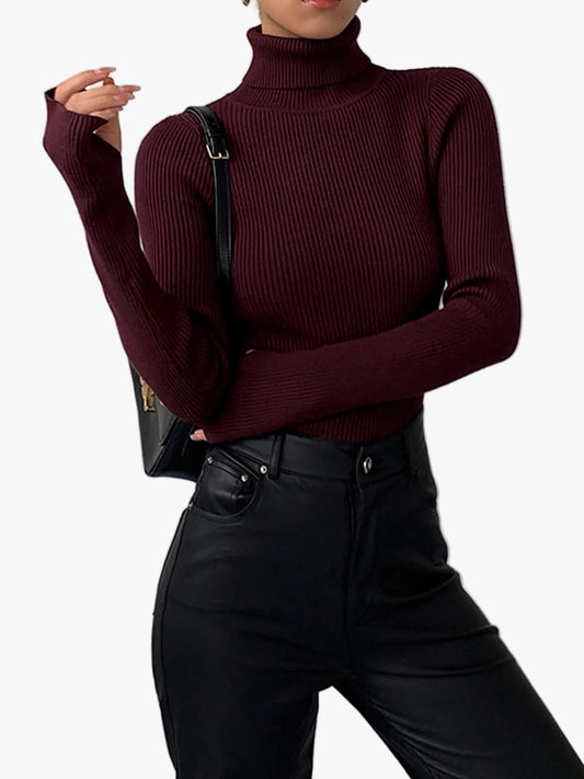 Women's Turtleneck Ribbed Knit Sweater with Thumbhole Cuffs - Cozy & Stylish Pullover