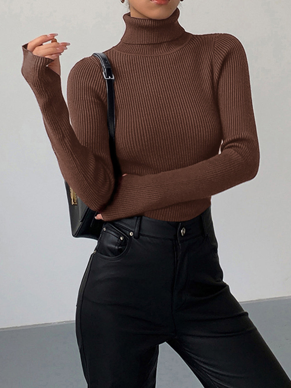 Women's Turtleneck Ribbed Knit Sweater with Thumbhole Cuffs - Cozy & Stylish Pullover