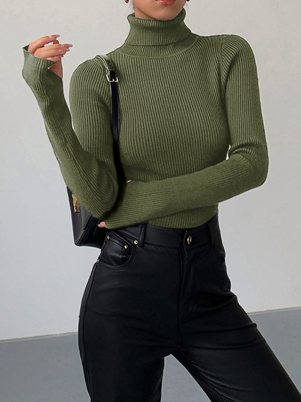 Women's Turtleneck Ribbed Knit Sweater with Thumbhole Cuffs - Cozy & Stylish Pullover