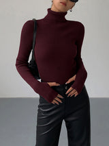 Women's Turtleneck Ribbed Knit Sweater with Thumbhole Cuffs - Cozy & Stylish Pullover