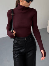 Women's Turtleneck Ribbed Knit Sweater with Thumbhole Cuffs - Cozy & Stylish Pullover